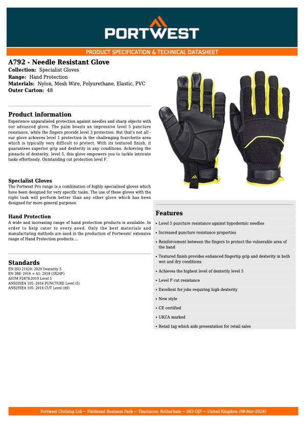 PORTWEST® NEDDLE RESISTANT GLOVE LEVEL 5 A792